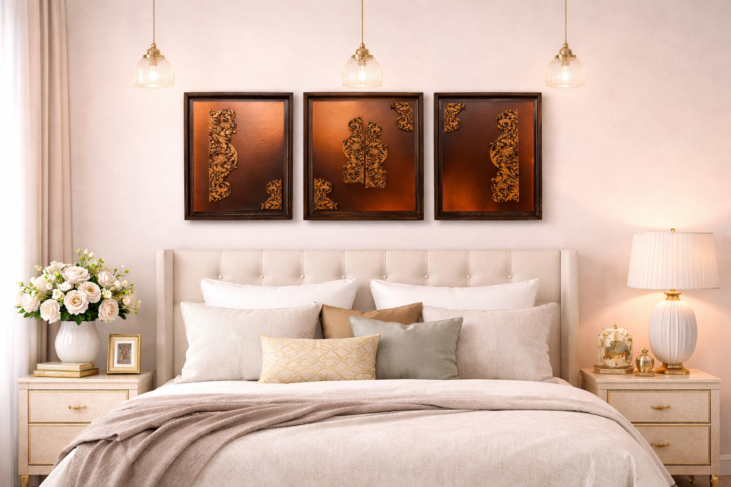 Ornate Harmony: Triptych in Copper and Ebony